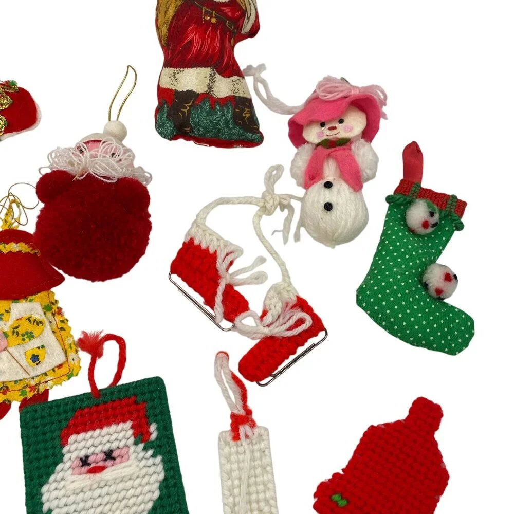 Vintage‎ Christmas handmade ornament lot felt cross stitch metal hand sewn